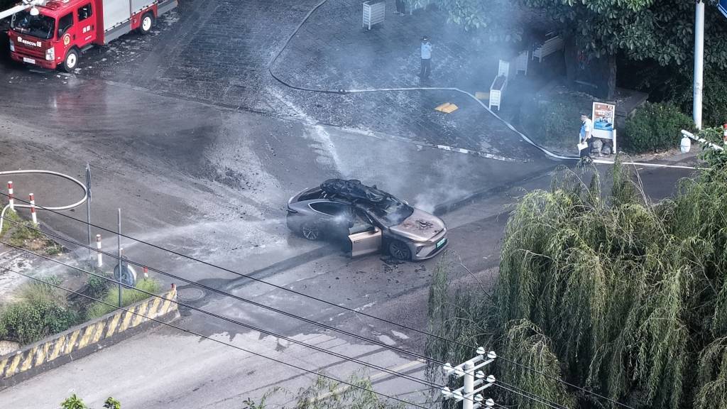 一辆蔚来牌轿车在大理一景区外起火<strong></p>
<p>dot</strong>，一家四口撤离及时无伤亡